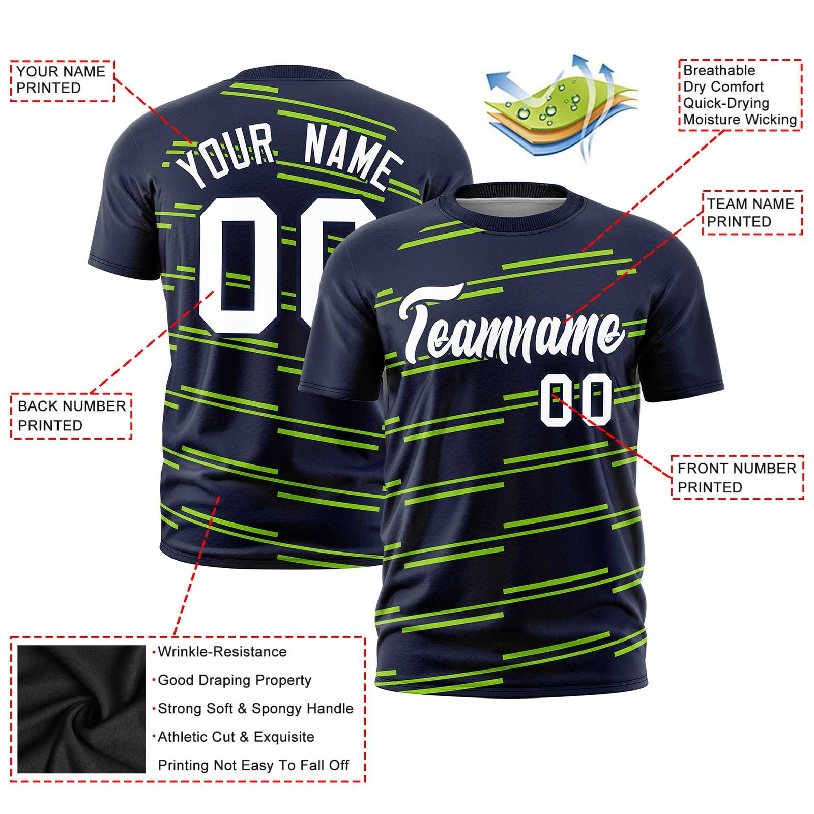 Custom Navy Neon Green Personalized Slanting Line Graffiti Pattern Performance T-Shirt