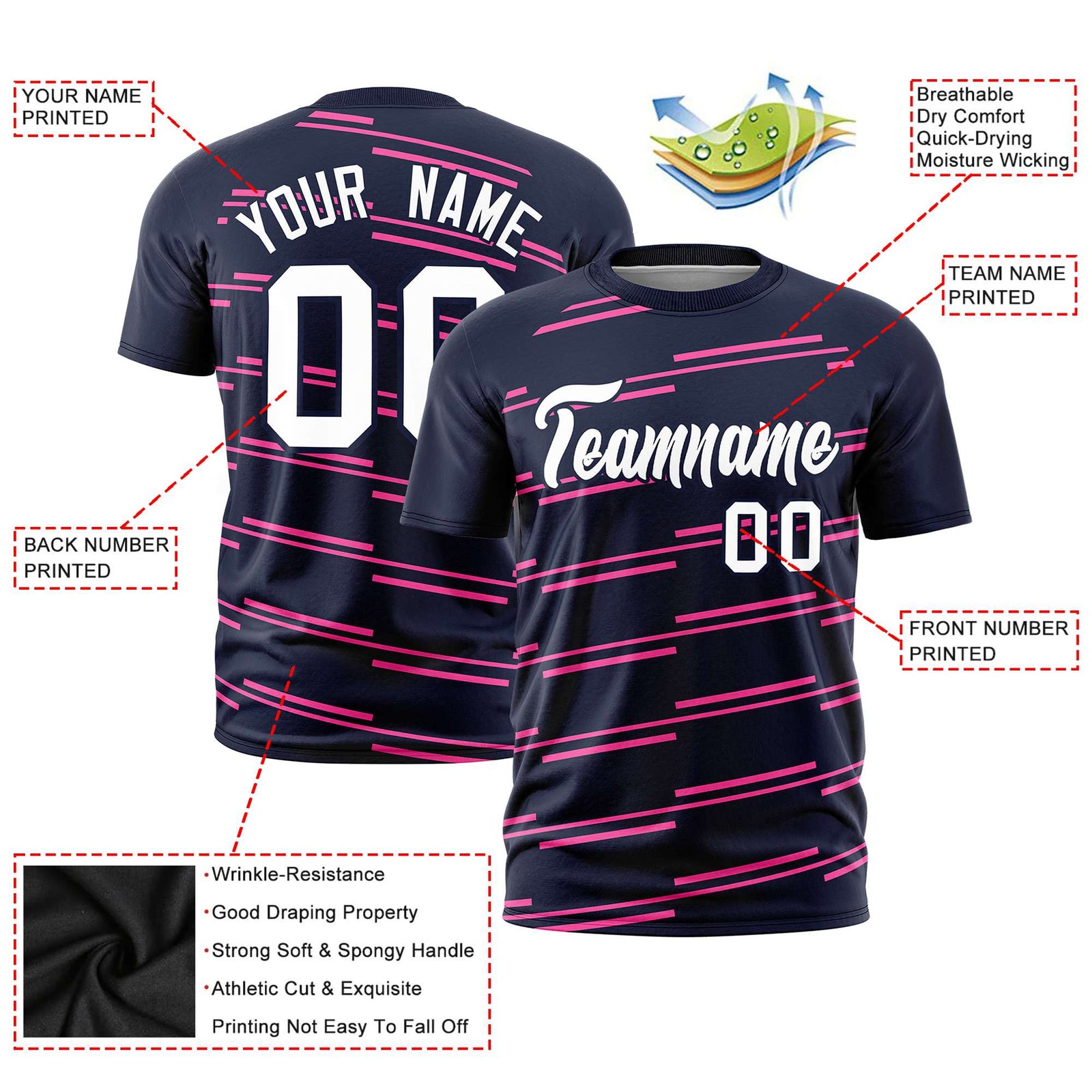 Custom Navy Pink Personalized Slanting Line Graffiti Pattern Performance T-Shirt