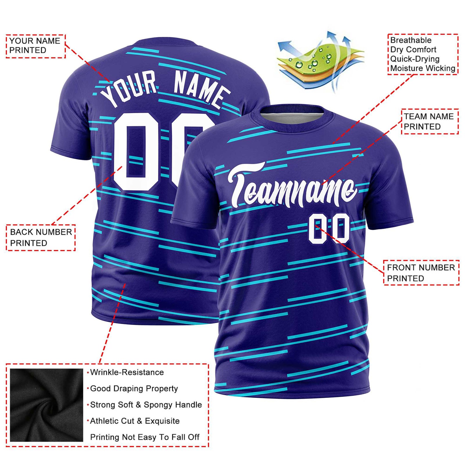 Custom Purple Sky Blue Personalized Slanting Line Graffiti Pattern Performance T-Shirt