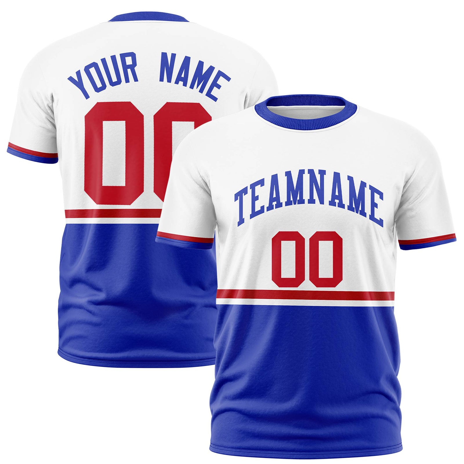 Custom White Red-Royal Blue Crew neck Color Block Design Performance T-Shirt