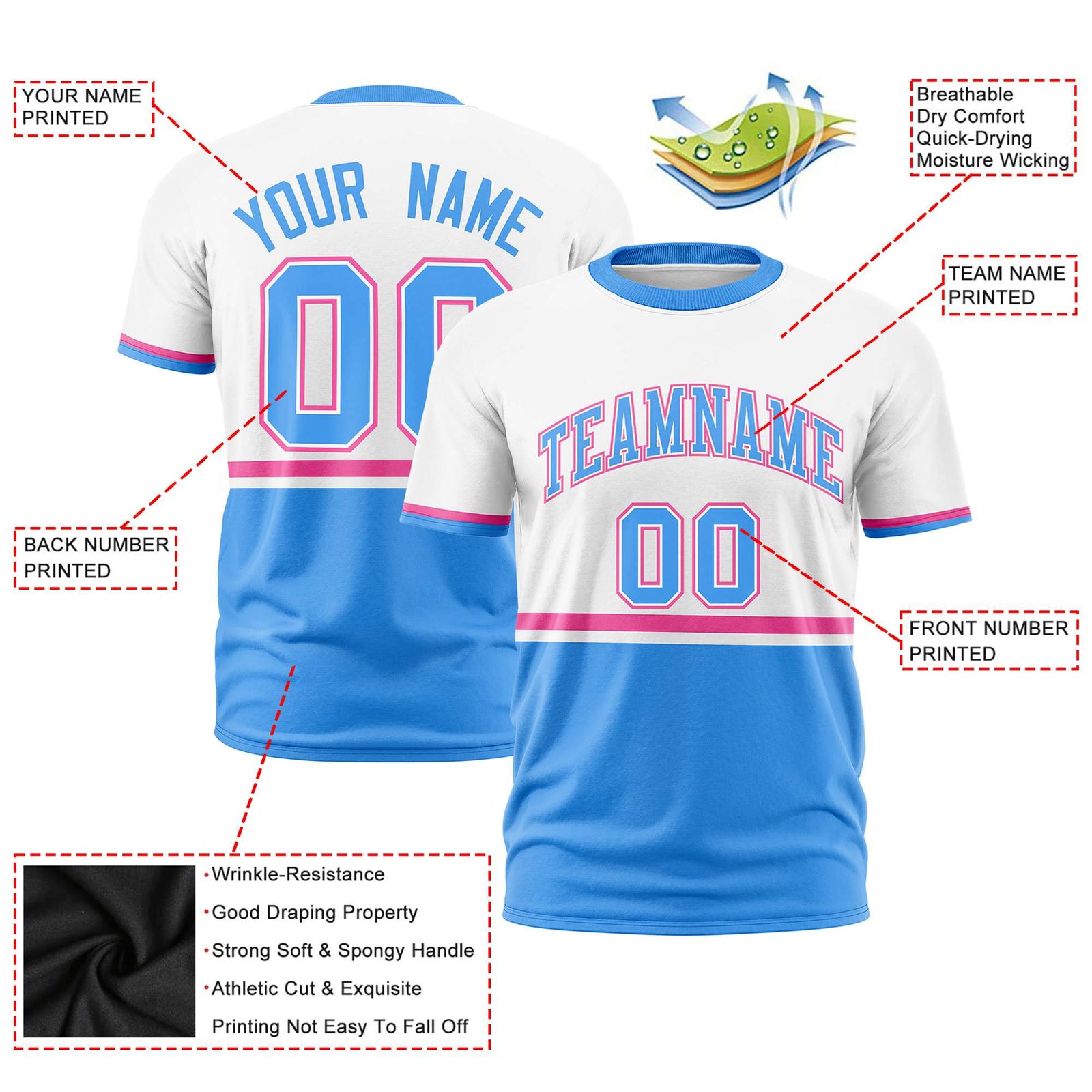 Custom White Pink-Powder Blue Crew neck Color Block Design Performance T-Shirt