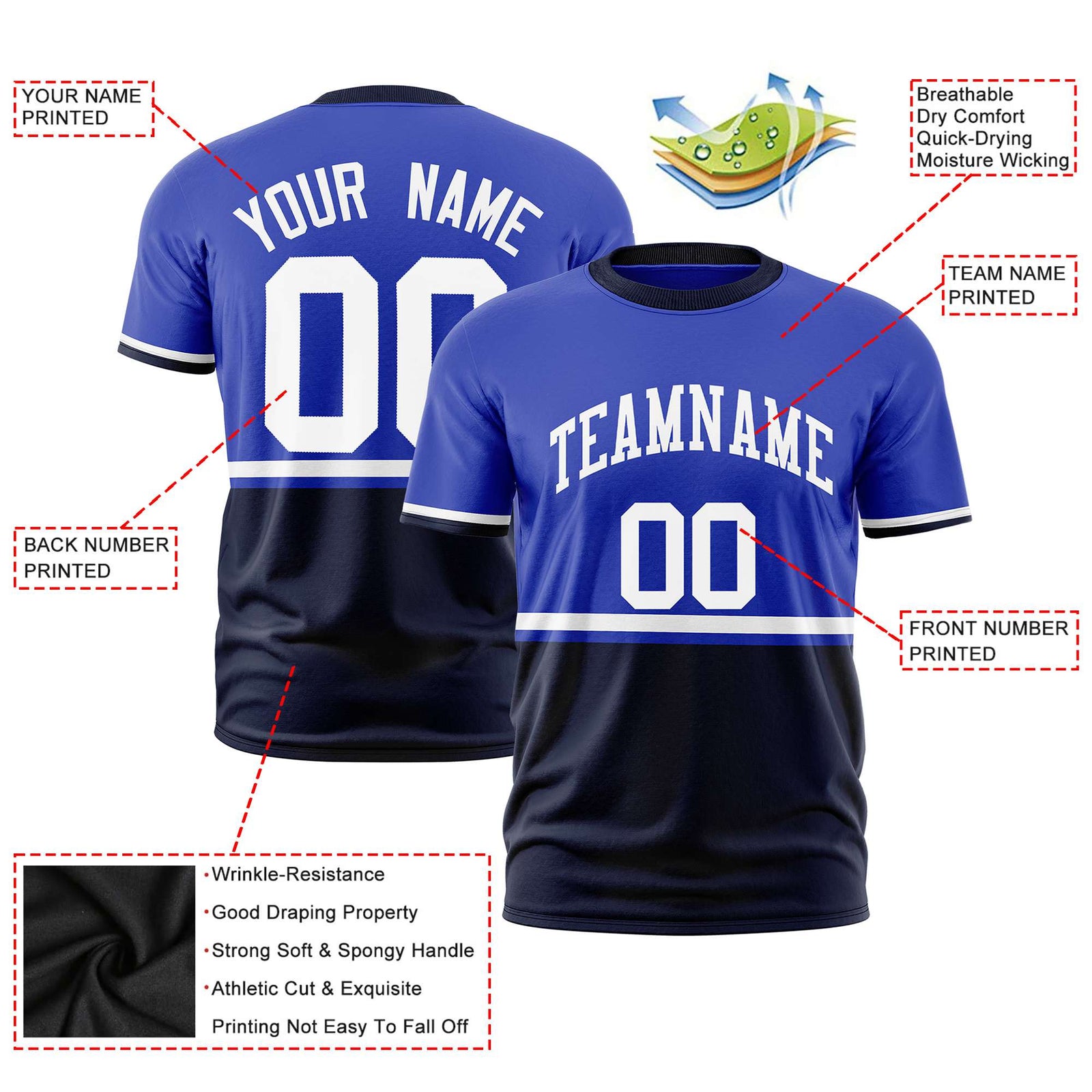 Custom Royal Blue White-Navy Crew neck Color Block Design Performance T-Shirt