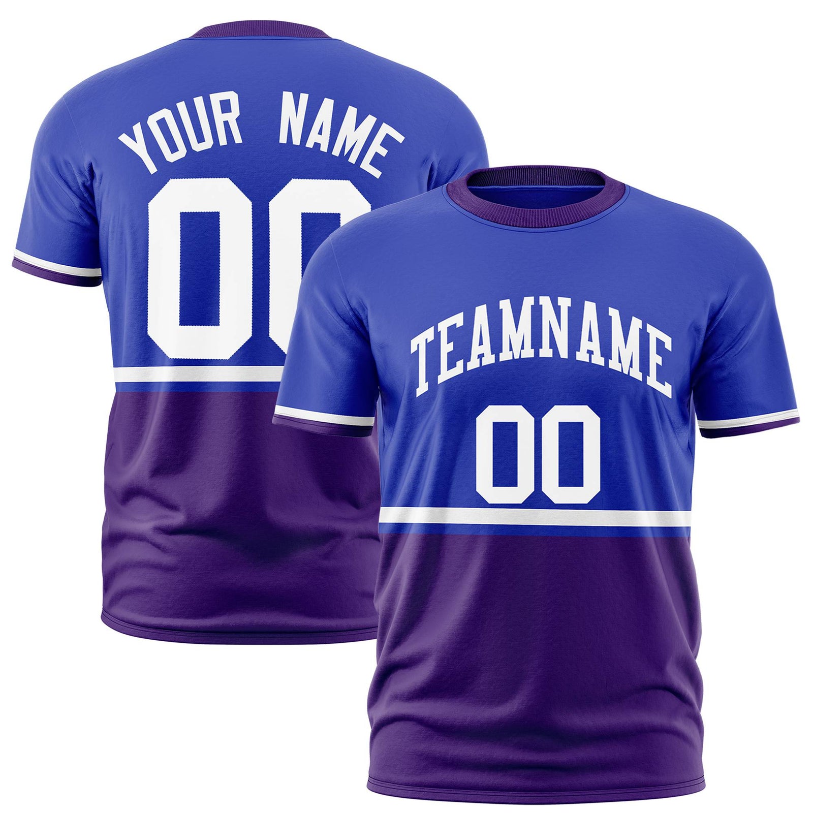 Custom Royal Blue White-Purple Crew neck Color Block Design Performance T-Shirt
