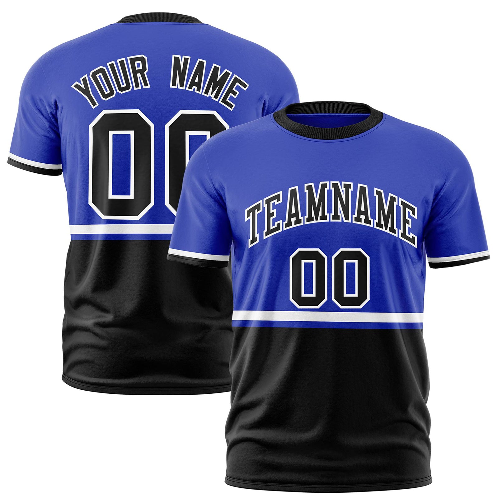 Custom Royal Blue White-Black Crew neck Color Block Design Performance T-Shirt