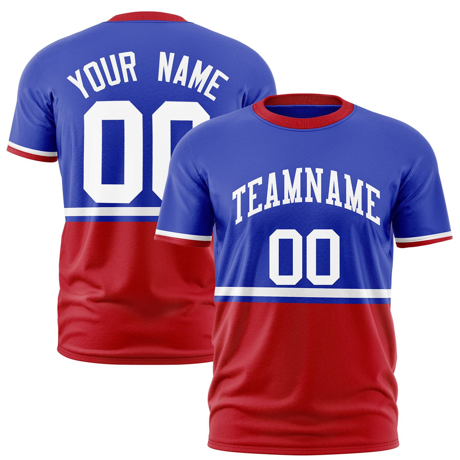 Custom Royal Blue White-Red Crew neck Color Block Design Performance T-Shirt