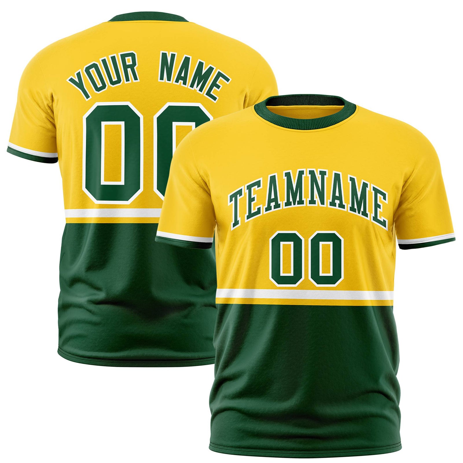 Custom Gold-01 White-Green Crew neck Color Block Design Performance T-Shirt