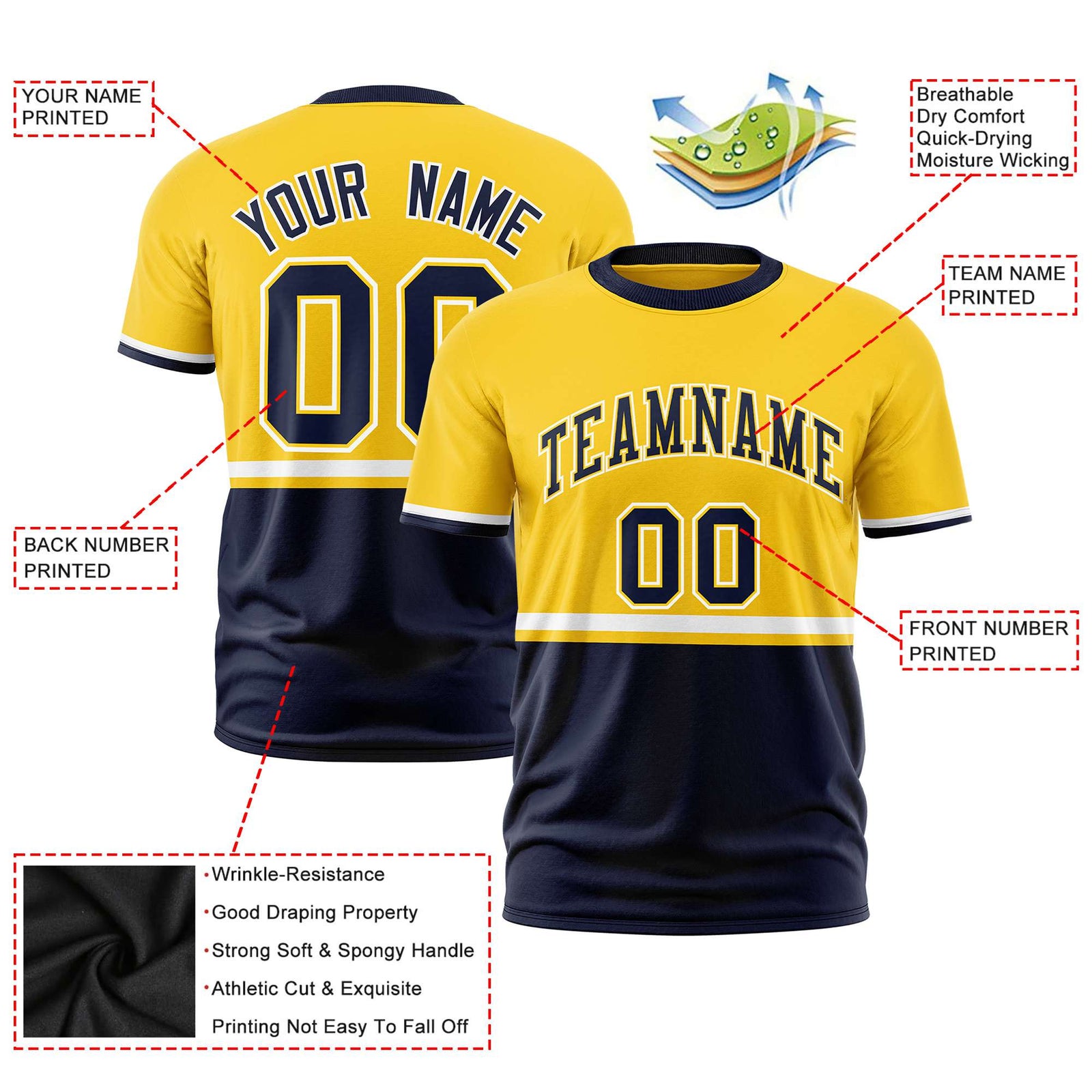 Custom Gold-01 White-Navy Crew neck Color Block Design Performance T-Shirt