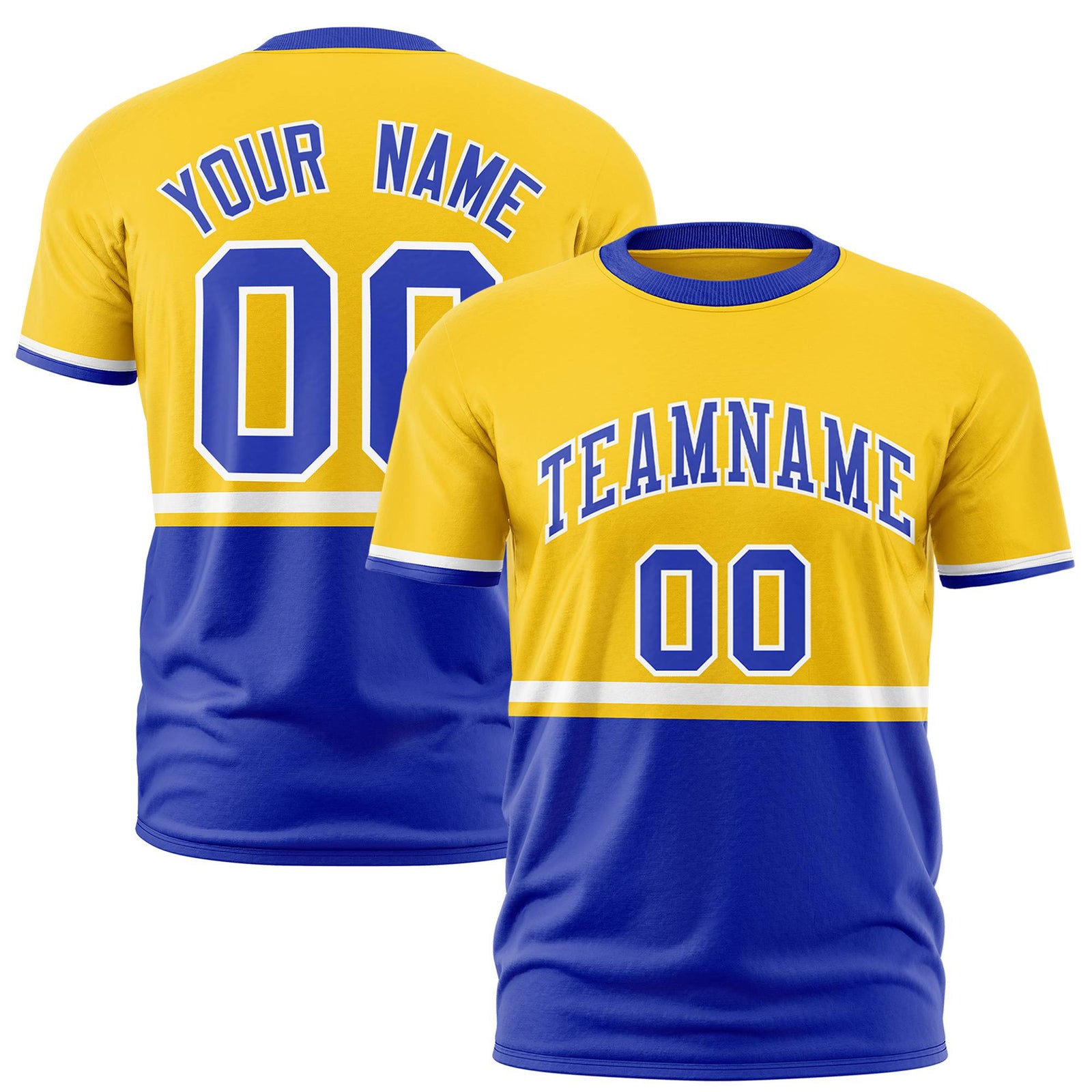 Custom Gold-01 White-Royal Blue Crew neck Color Block Design Performance T-Shirt