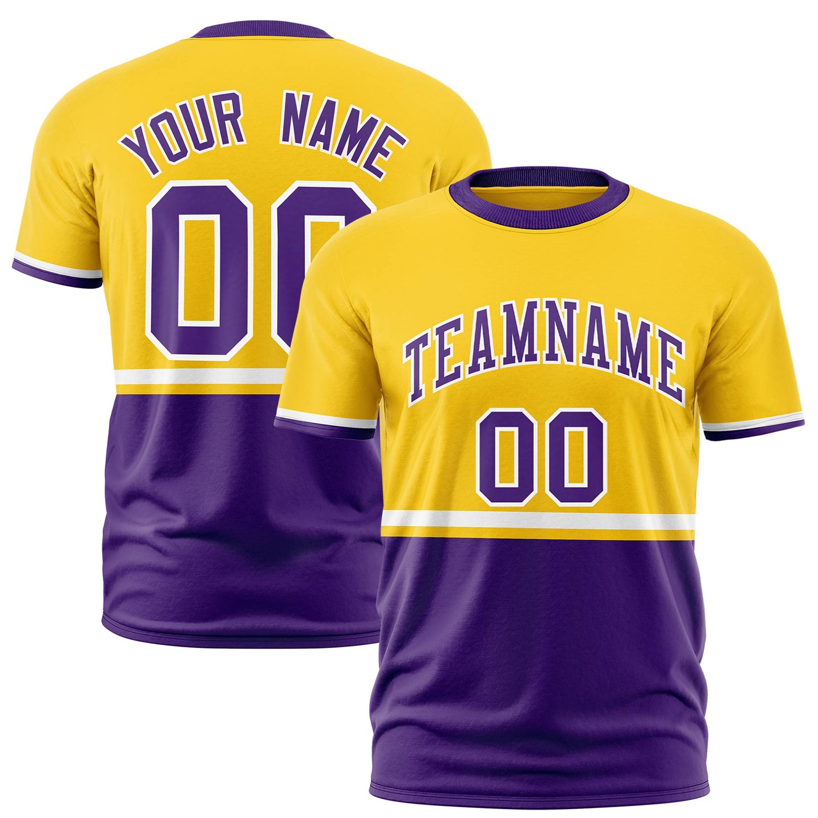 Custom Gold-01 White-Purple Crew neck Color Block Design Performance T-Shirt