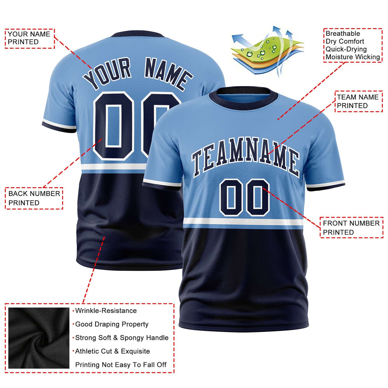 Custom Light Blue White-Navy Crew neck Color Block Design Performance T-Shirt