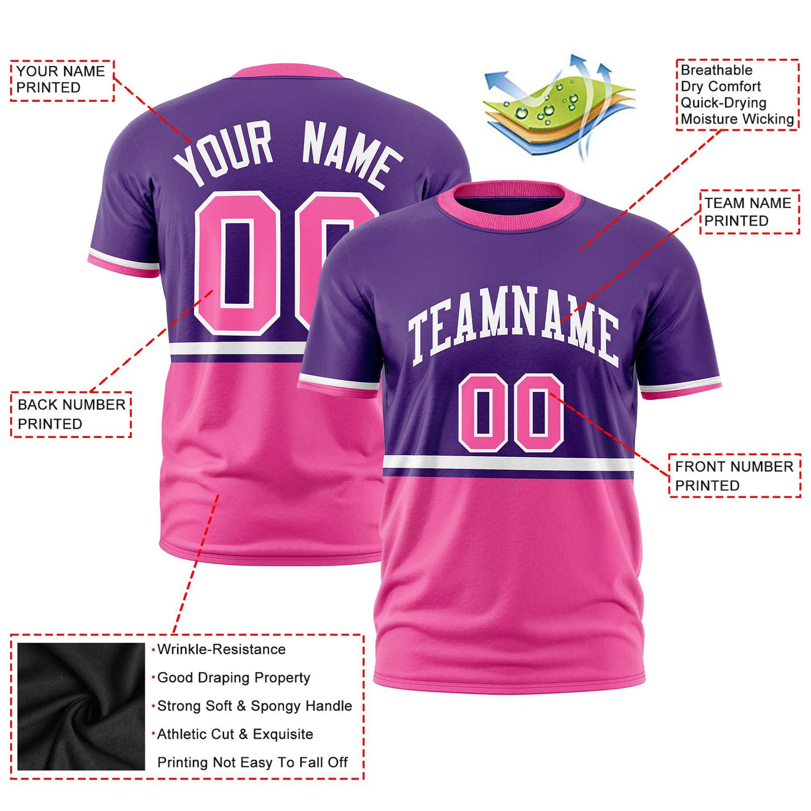 Custom Purple White-Pink Crew neck Color Block Design Performance T-Shirt