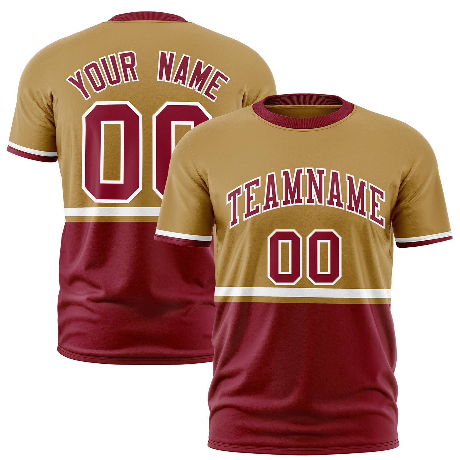 Custom Old Gold White-Crimson Crew neck Color Block Design Performance T-Shirt