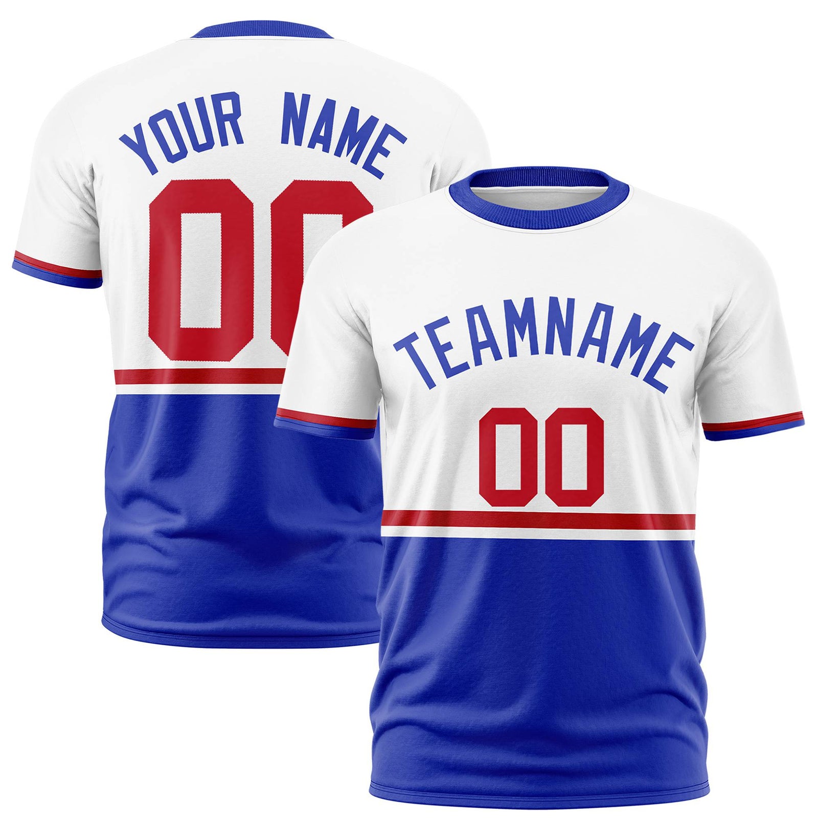 Custom White Red-Royal Blue Crew neck Color Block Design Performance T-Shirt