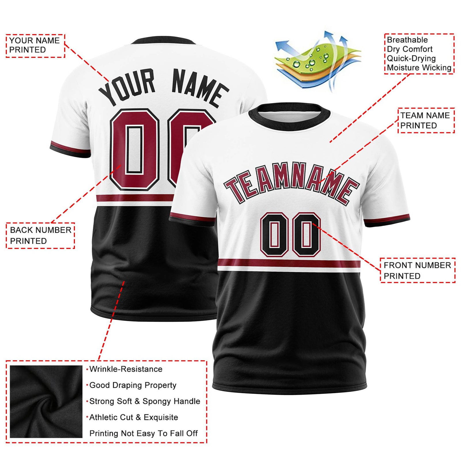 Custom White Crimson-Black Crew neck Color Block Design Performance T-Shirt
