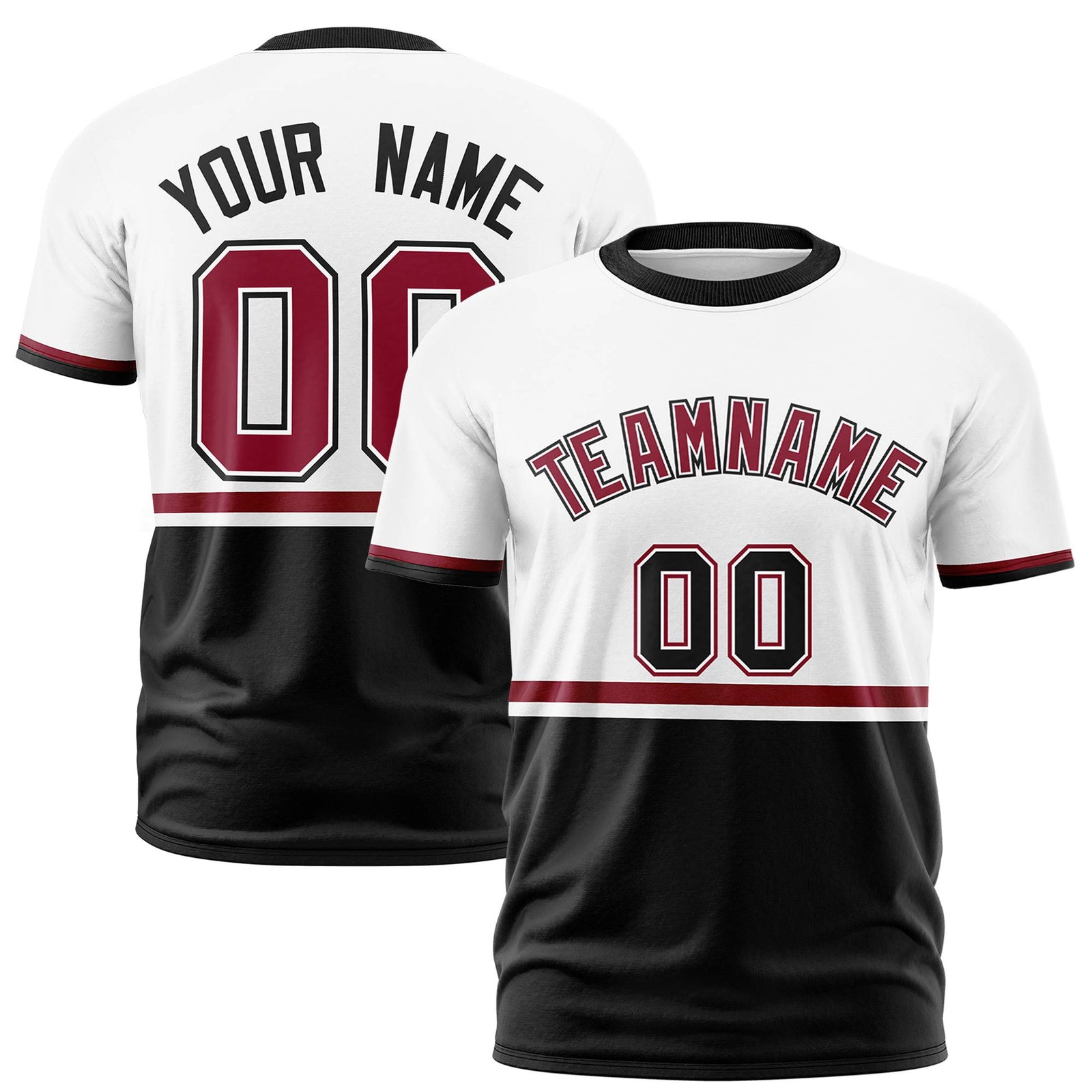 Custom White Crimson-Black Crew neck Color Block Design Performance T-Shirt
