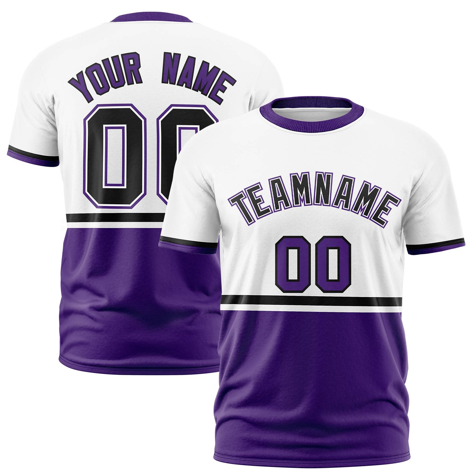 Custom White Black-Purple Crew neck Color Block Design Performance T-Shirt