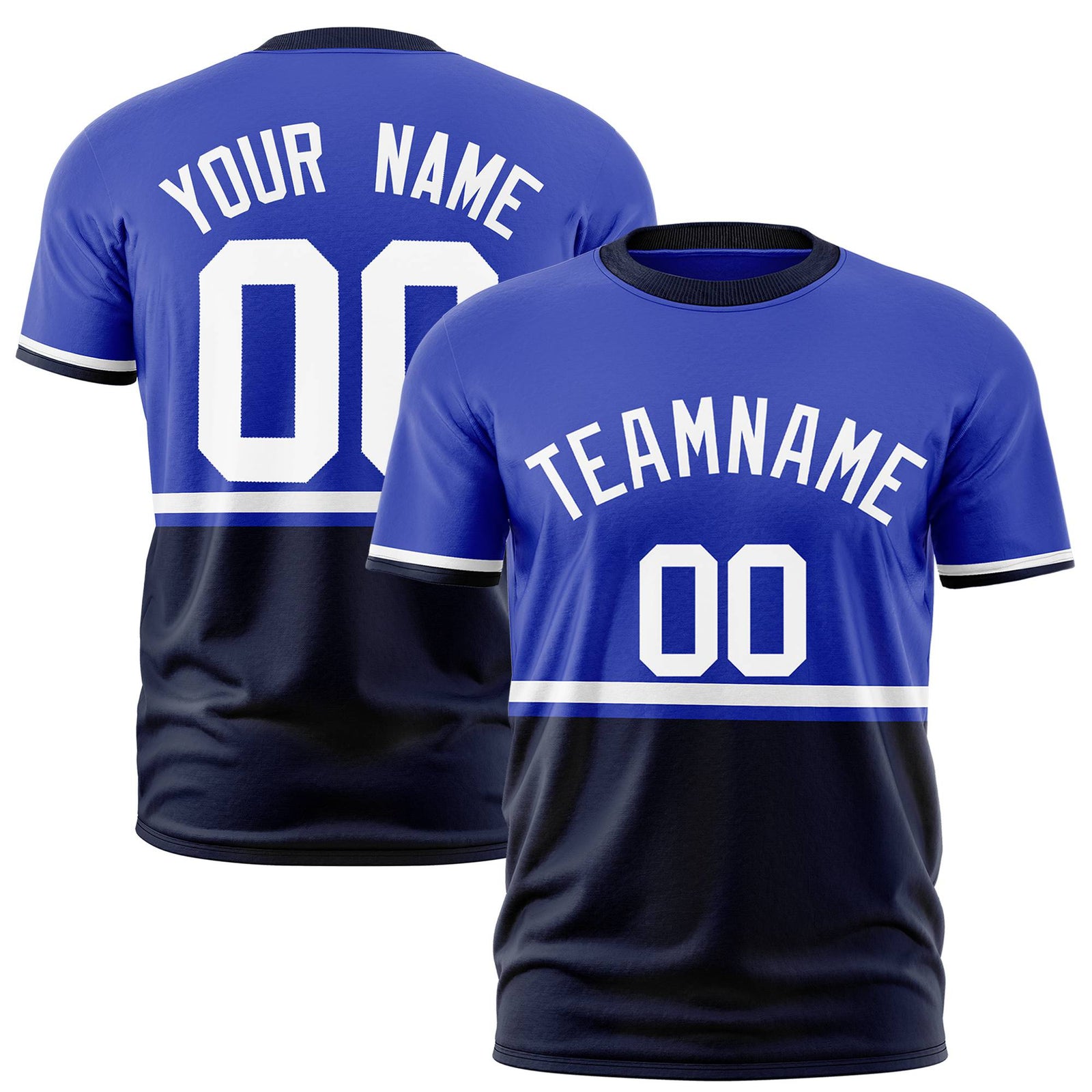 Custom Royal Blue White-Navy Crew neck Color Block Design Performance T-Shirt