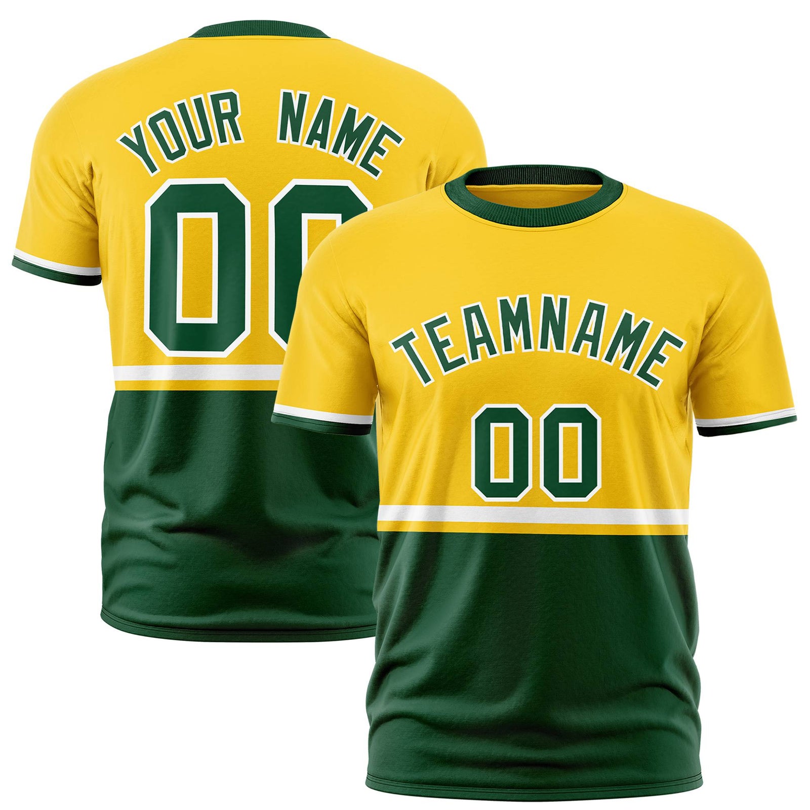 Custom Gold-01 White-Green Crew neck Color Block Design Performance T-Shirt