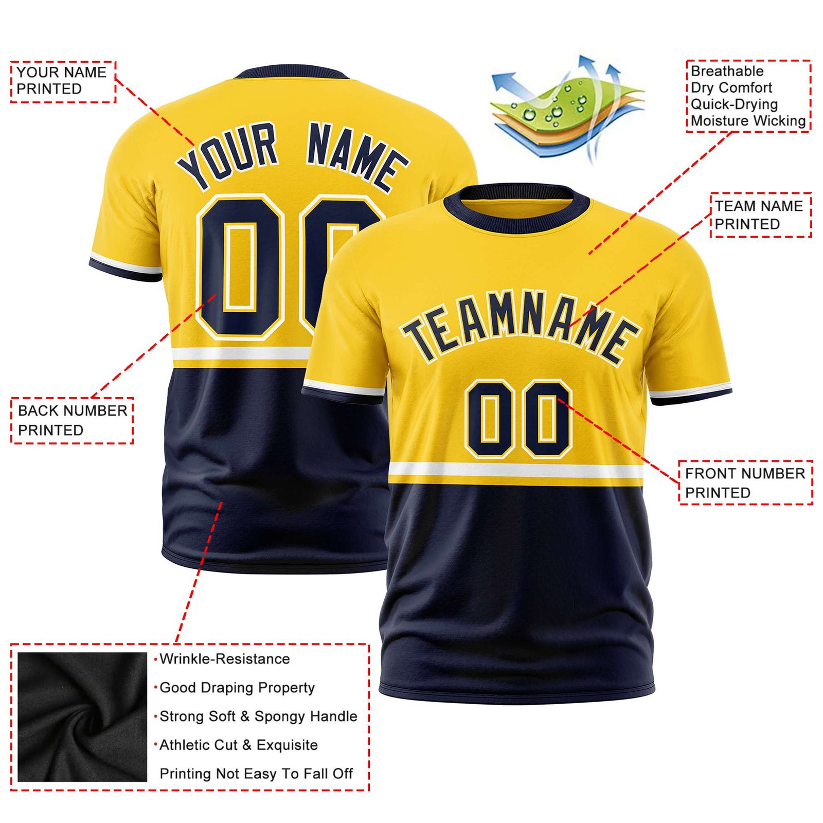 Custom Gold-01 White-Navy Crew neck Color Block Design Performance T-Shirt