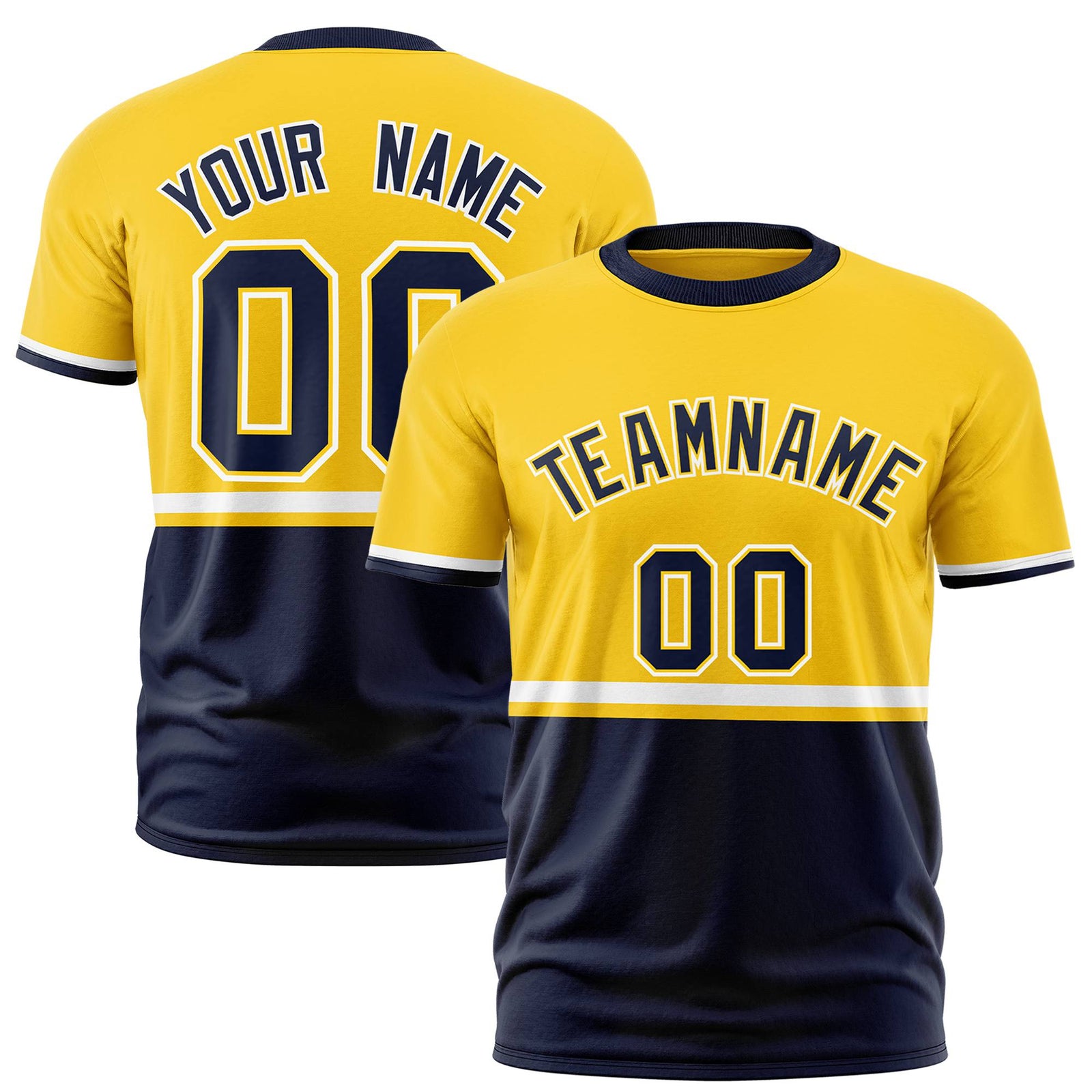 Custom Gold-01 White-Navy Crew neck Color Block Design Performance T-Shirt