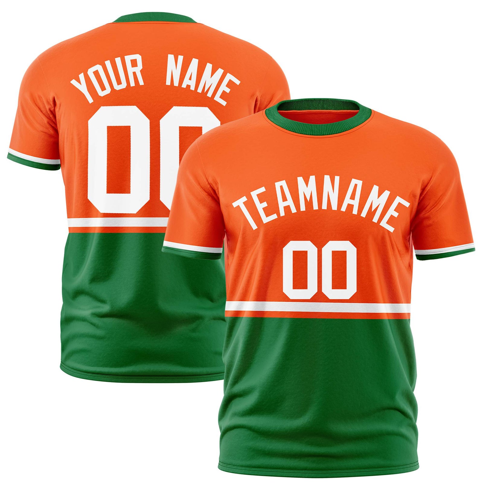 Custom Orange White-Kelly Green Crew neck Color Block Design Performance T-Shirt