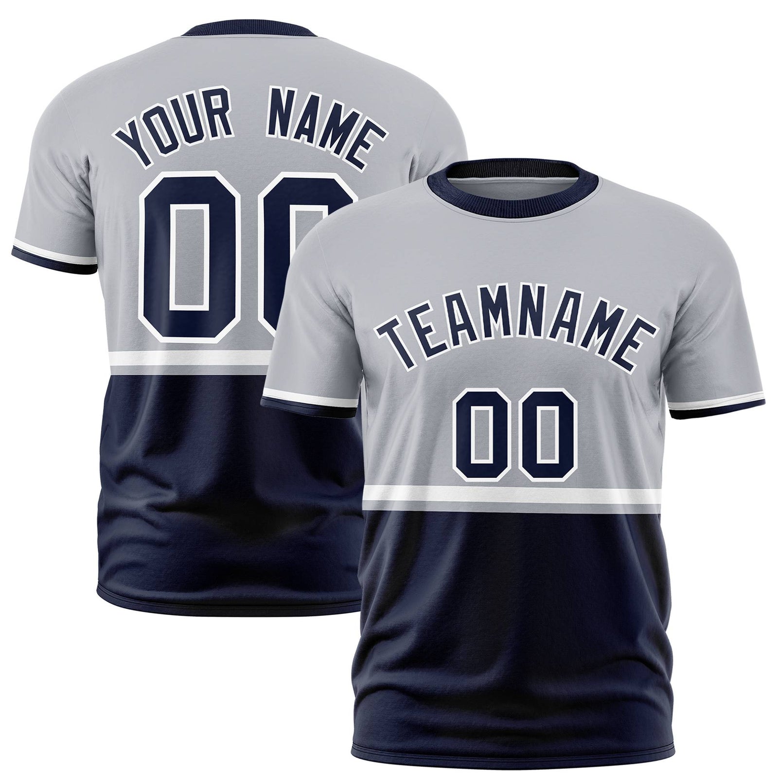 Custom Gray White-Navy Crew neck Color Block Design Performance T-Shirt