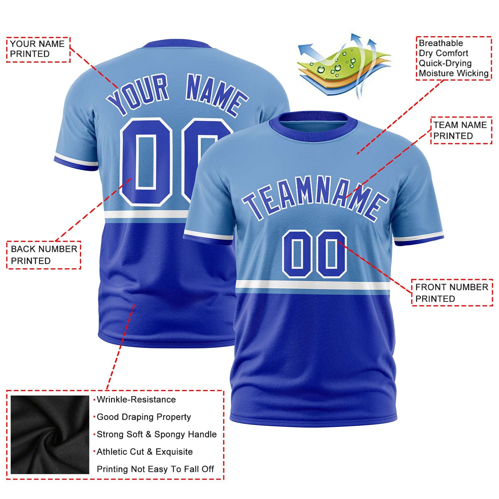 Custom Light Blue White-Royal Blue Crew neck Color Block Design Performance T-Shirt