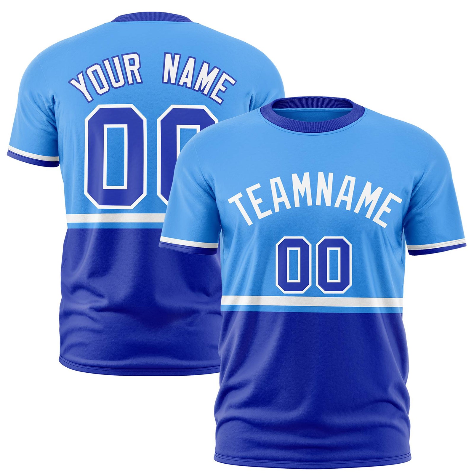 Custom Powder Blue White-Royal Blue Crew neck Color Block Design Performance T-Shirt
