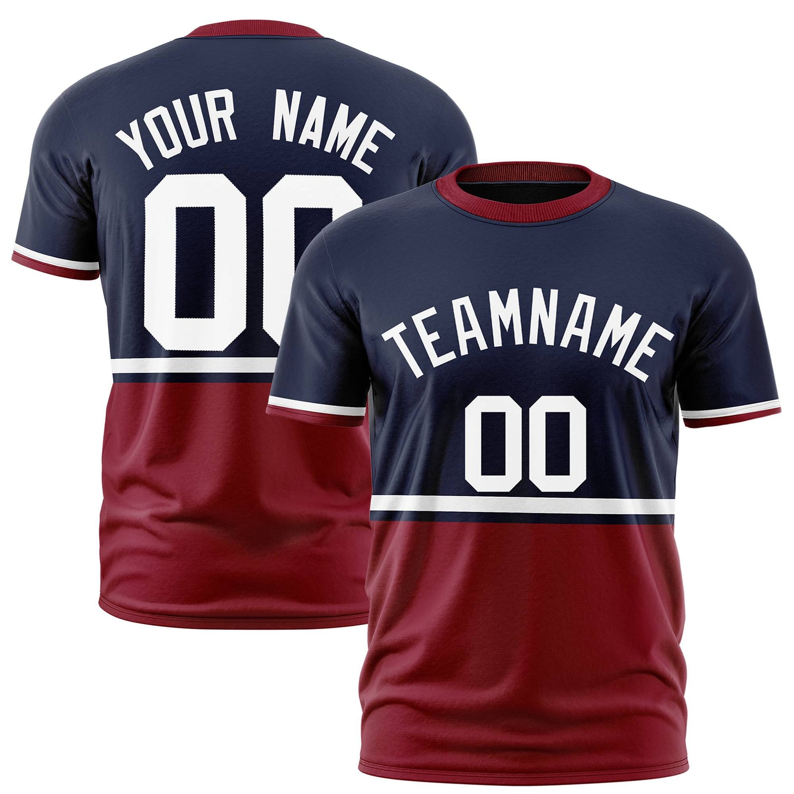 Custom Navy White-Crimson Crew neck Color Block Design Performance T-Shirt