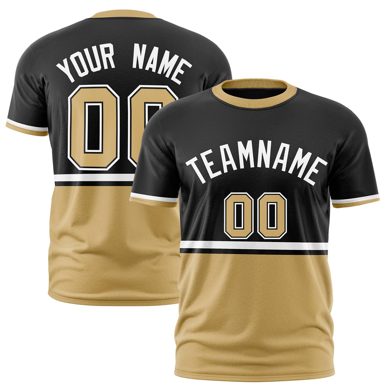 Custom Black White-Old Gold Crew neck Color Block Design Performance T-Shirt