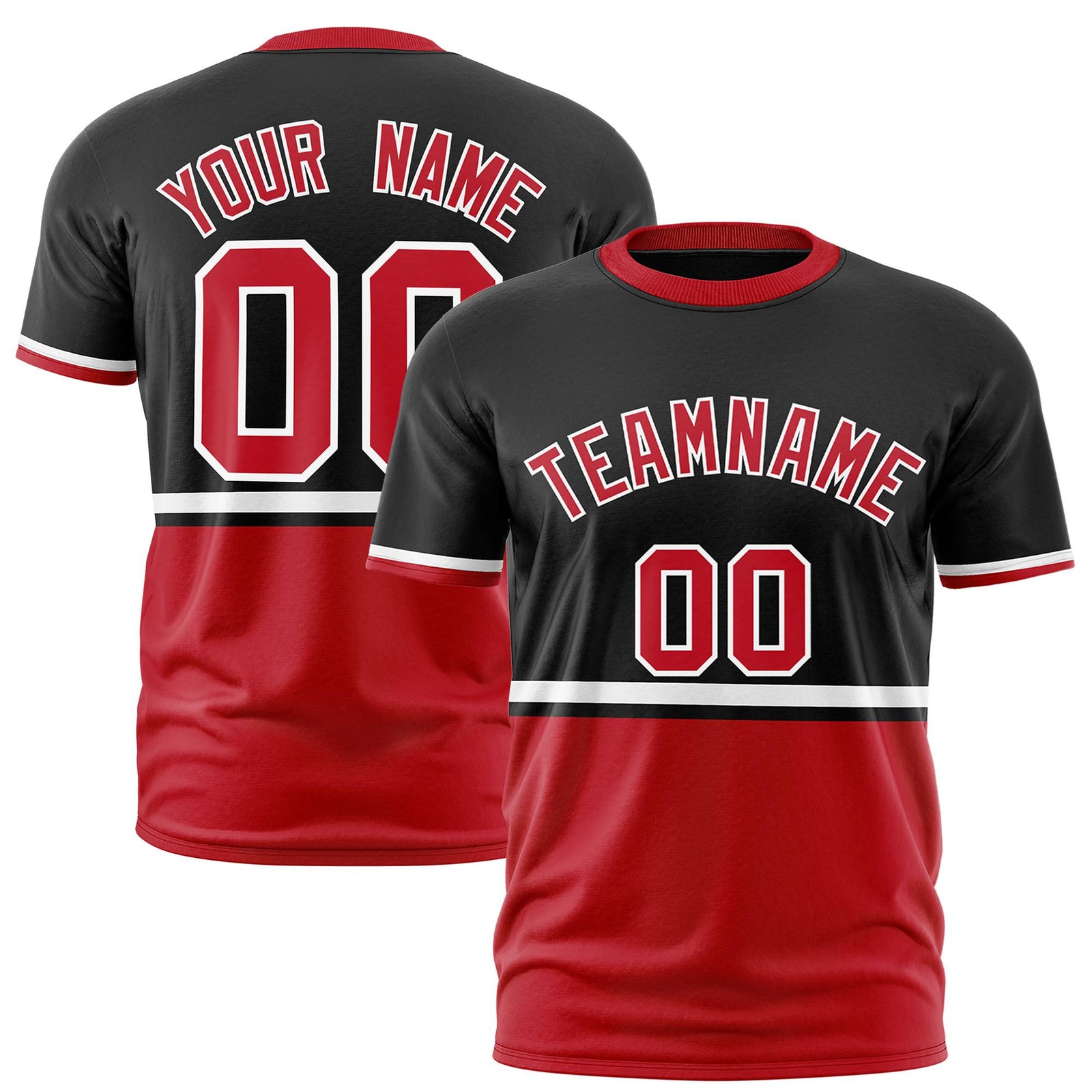 Custom Black White-Red Crew neck Color Block Design Performance T-Shirt