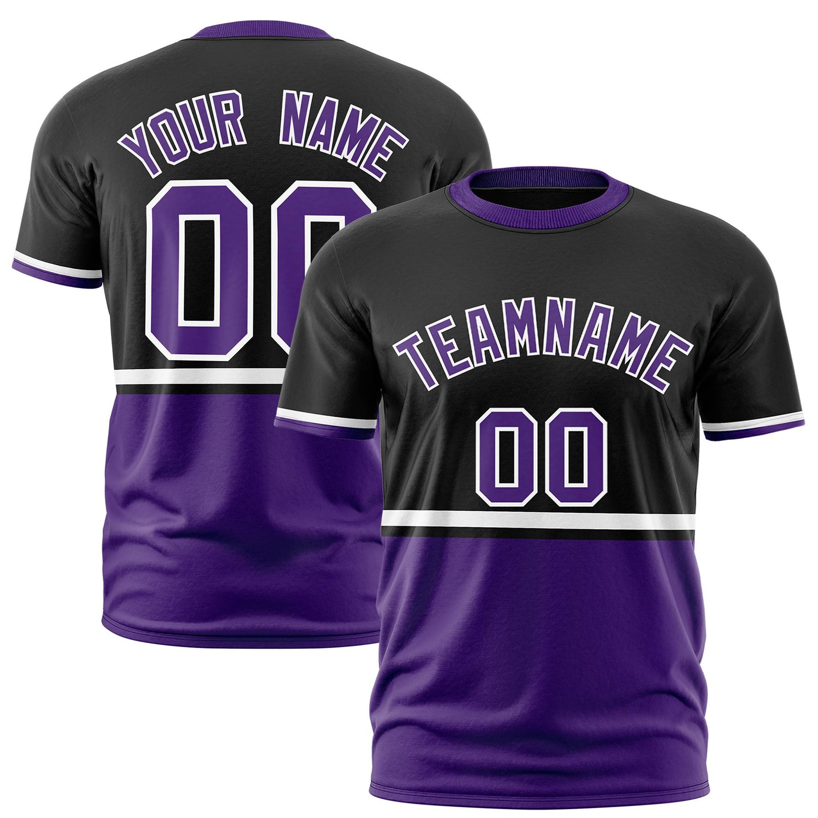Custom Black White-Purple Crew neck Color Block Design Performance T-Shirt