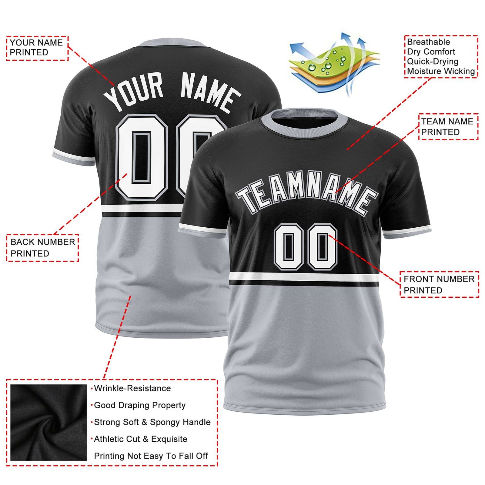 Custom Black White-Gray Crew neck Color Block Design Performance T-Shirt