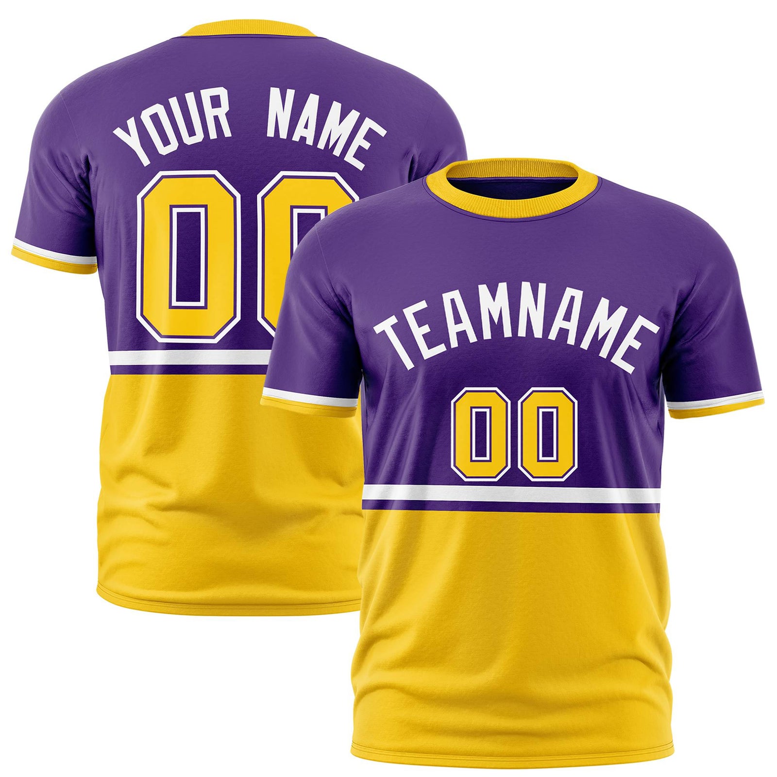 Custom Purple White-Gold-01 Crew neck Color Block Design Performance T-Shirt