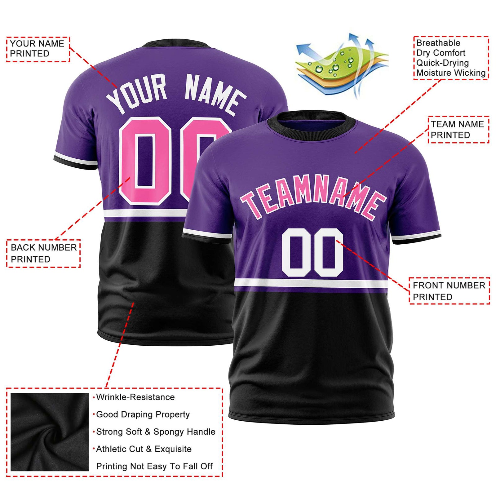 Custom Purple White-Black Crew neck Color Block Design Performance T-Shirt