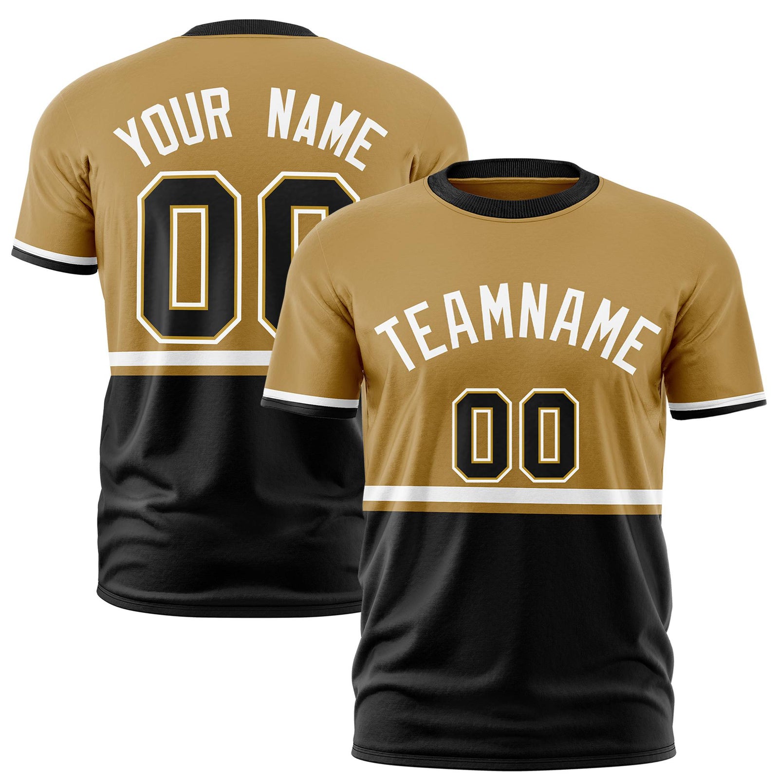 Custom Old Gold White-Black Crew neck Color Block Design Performance T-Shirt