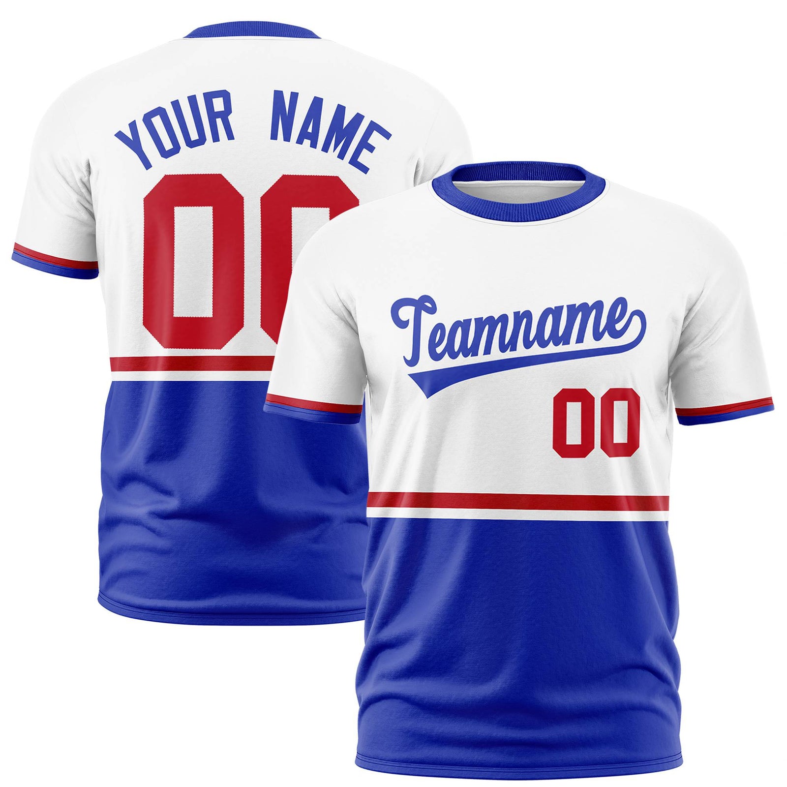 Custom White Red-Royal Blue Crew neck Color Block Design Performance T-Shirt