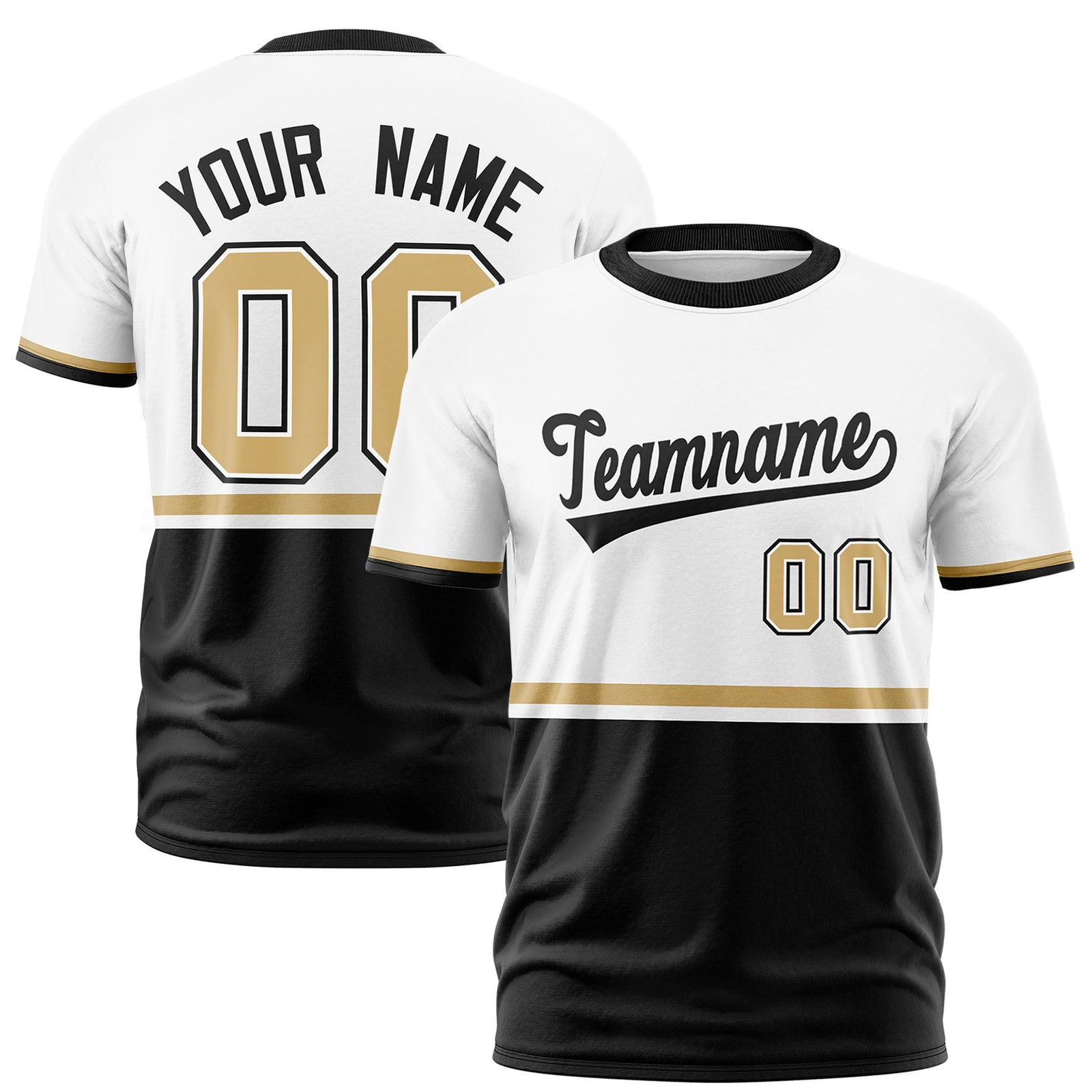 Custom White Old Gold-Black Crew neck Color Block Design Performance T-Shirt