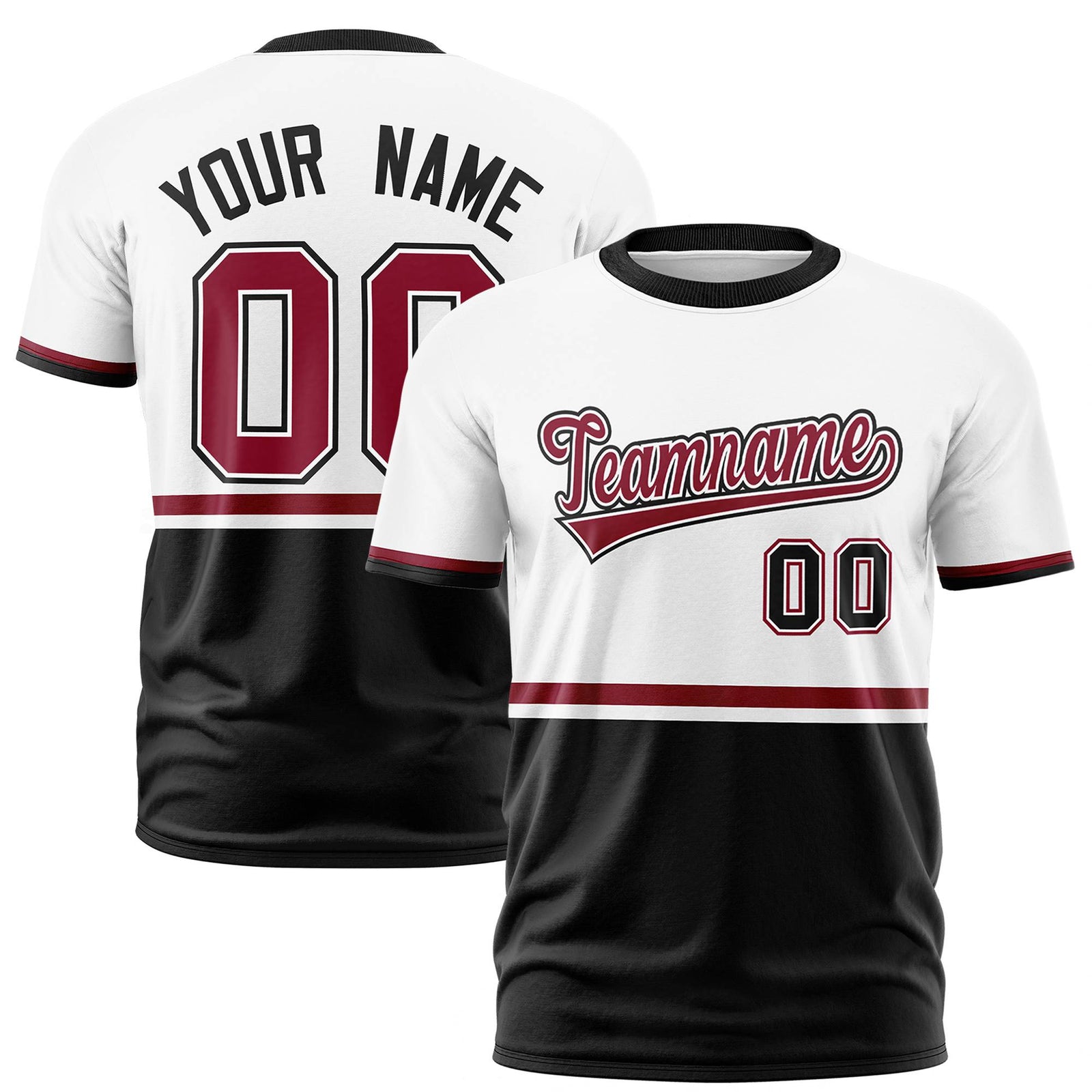 Custom White Crimson-Black Crew neck Color Block Design Performance T-Shirt
