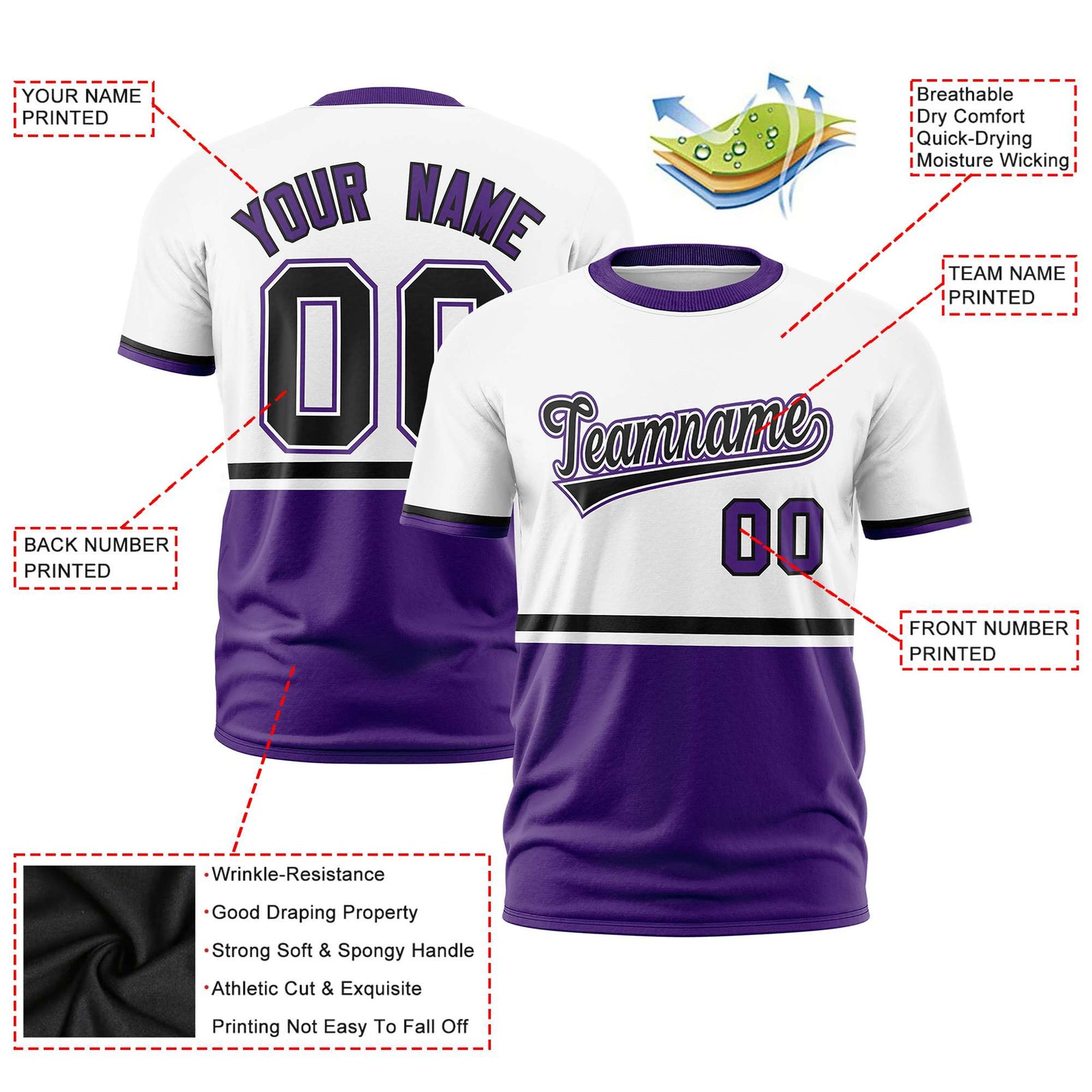 Custom White Black-Purple Crew neck Color Block Design Performance T-Shirt
