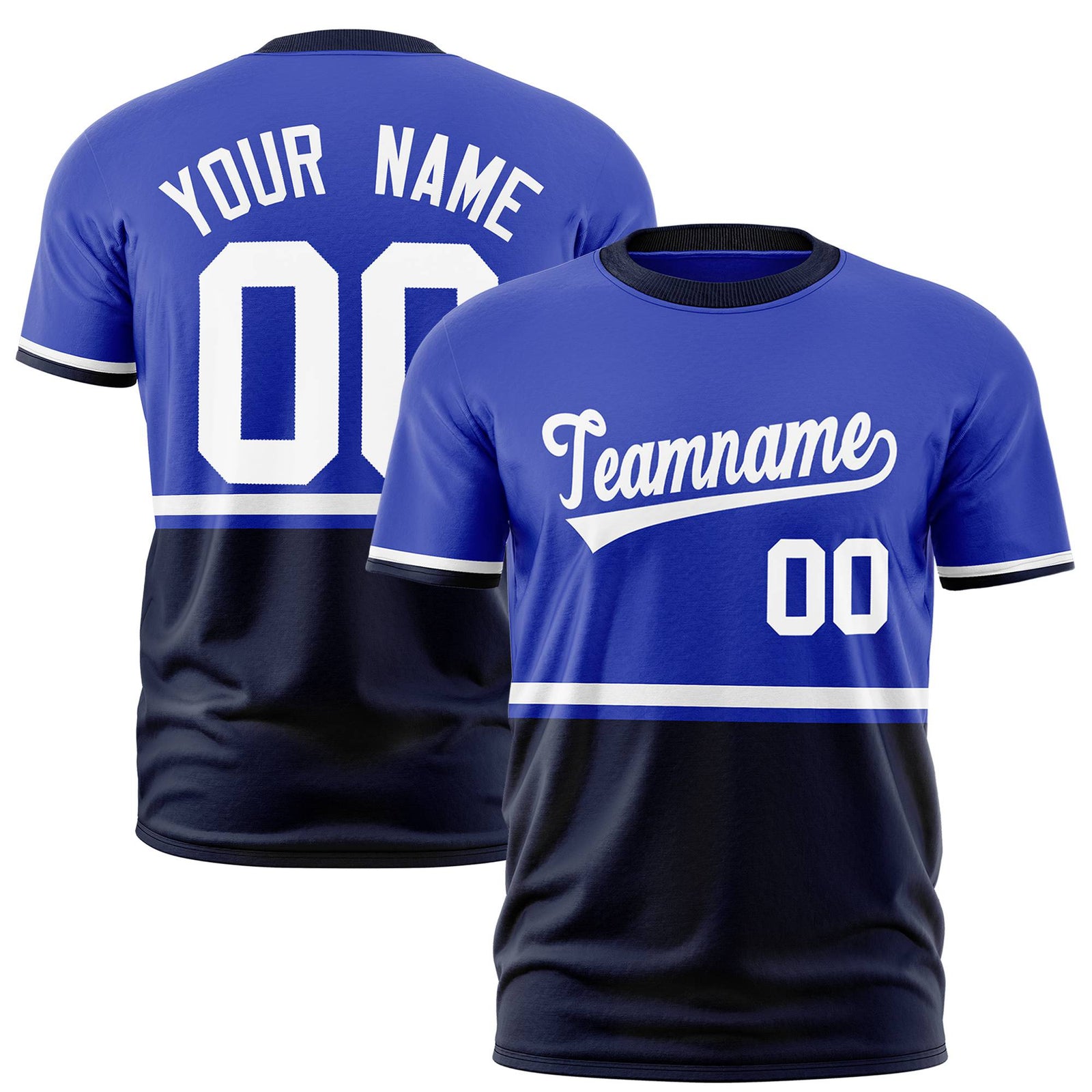 Custom Royal Blue White-Navy Crew neck Color Block Design Performance T-Shirt