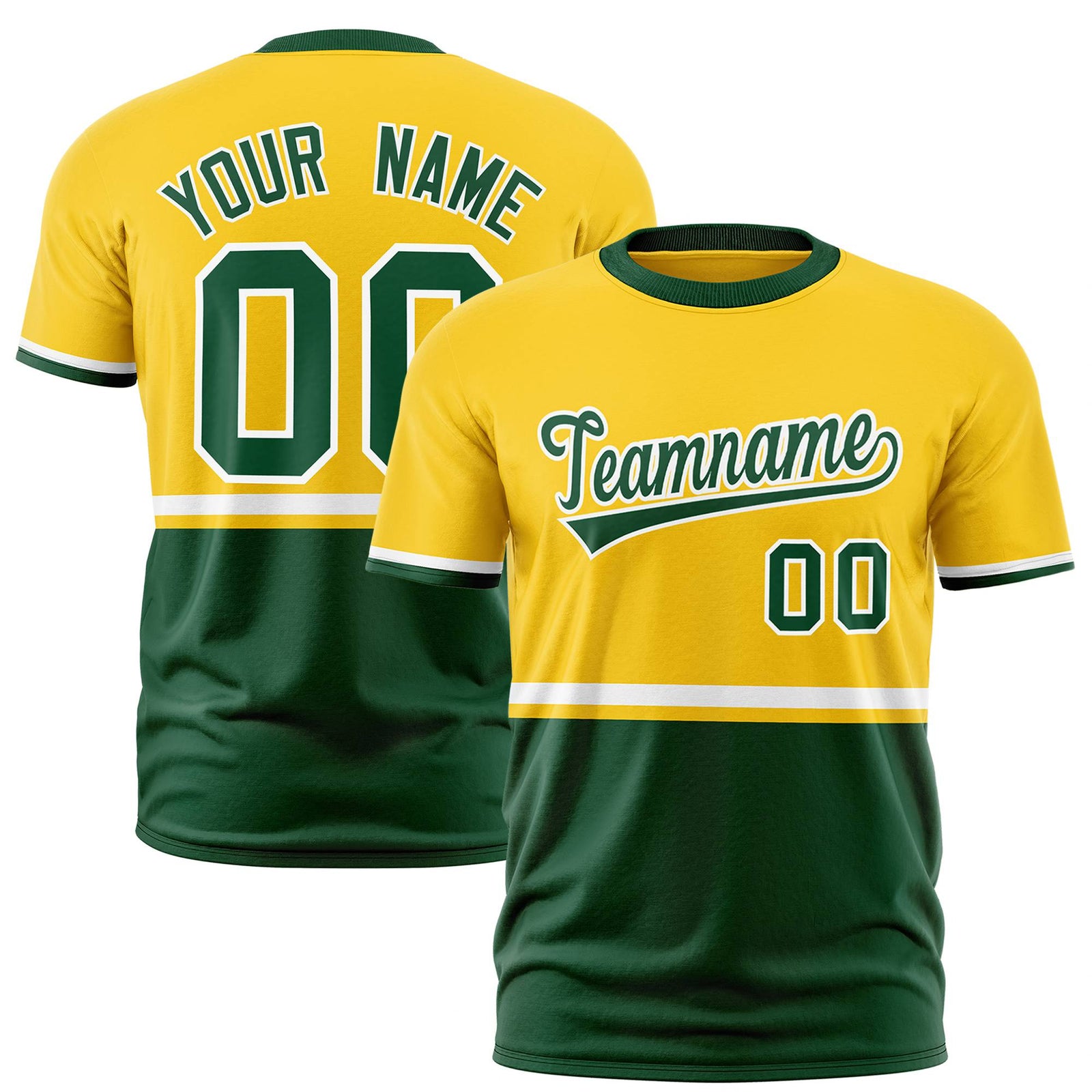 Custom Gold-01 White-Green Crew neck Color Block Design Performance T-Shirt