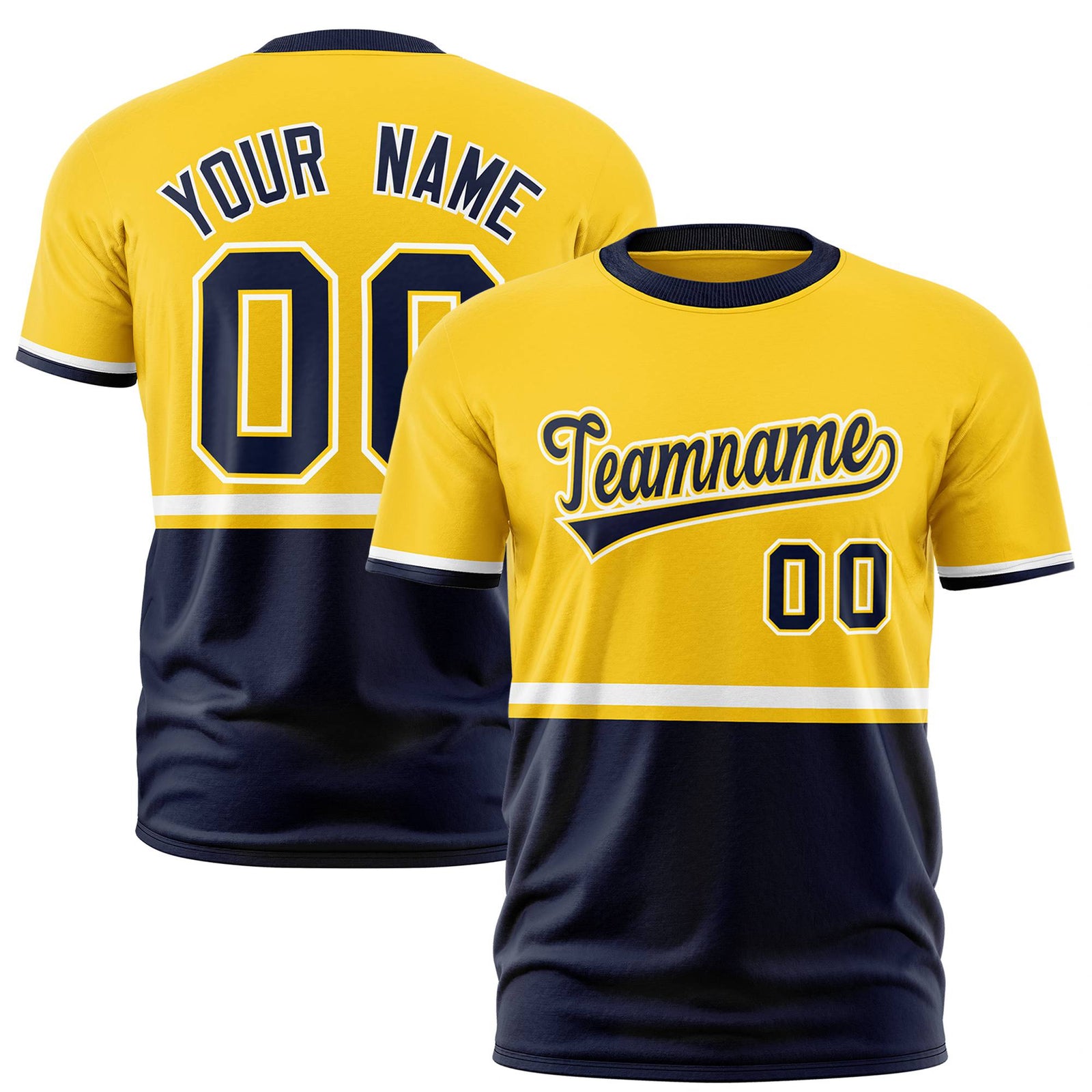 Custom Gold-01 White-Navy Crew neck Color Block Design Performance T-Shirt