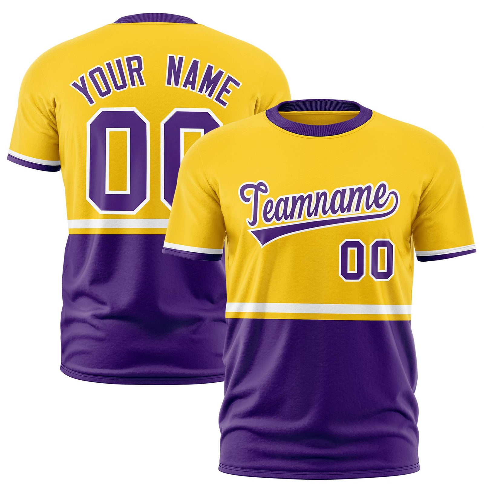 Custom Gold-01 White-Purple Crew neck Color Block Design Performance T-Shirt