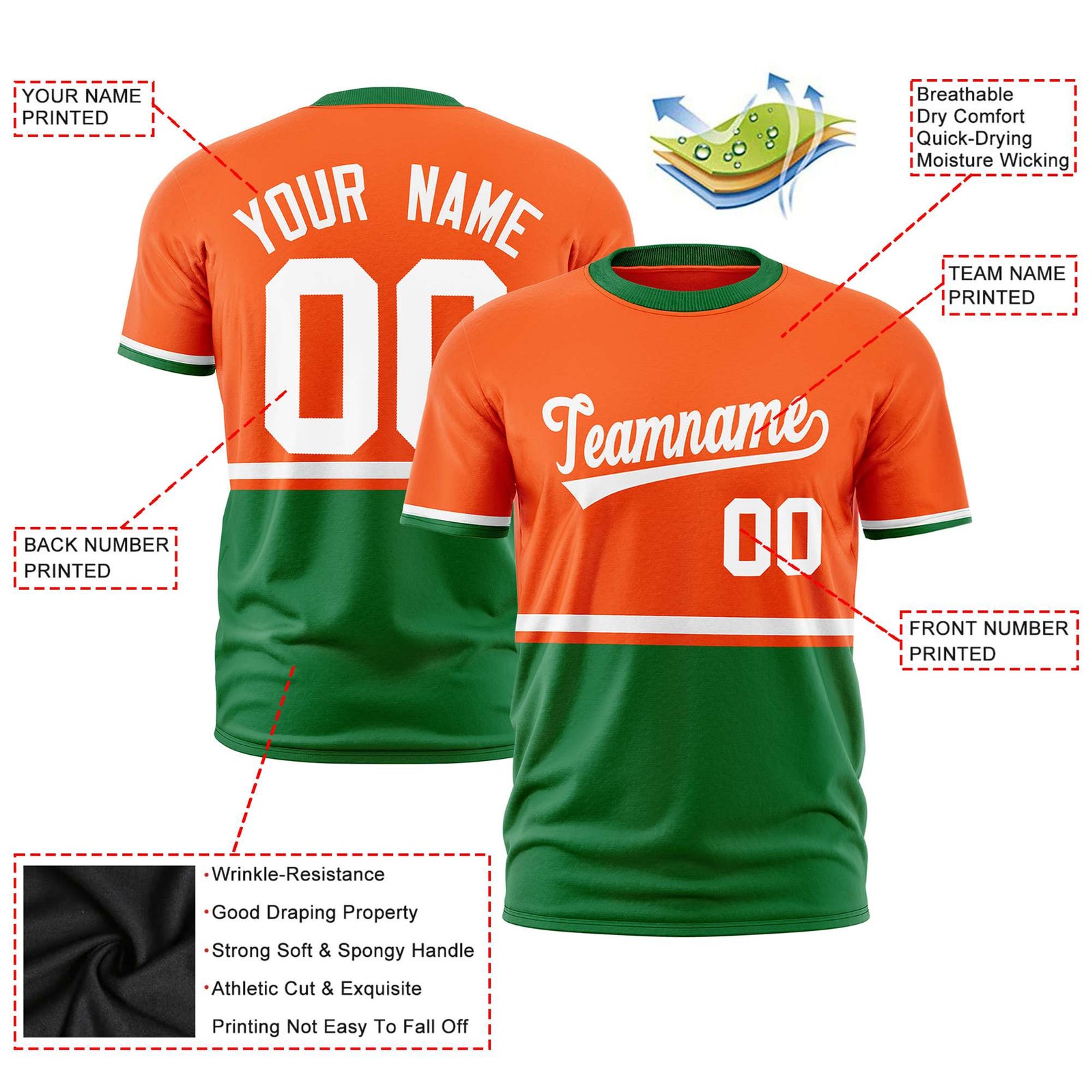 Custom Orange White-Kelly Green Crew neck Color Block Design Performance T-Shirt