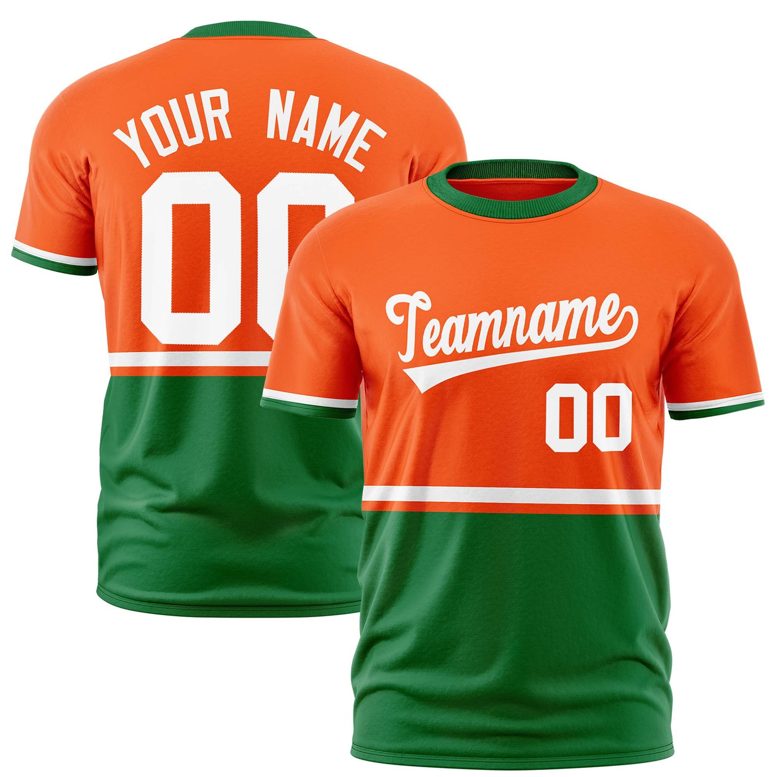Custom Orange White-Kelly Green Crew neck Color Block Design Performance T-Shirt