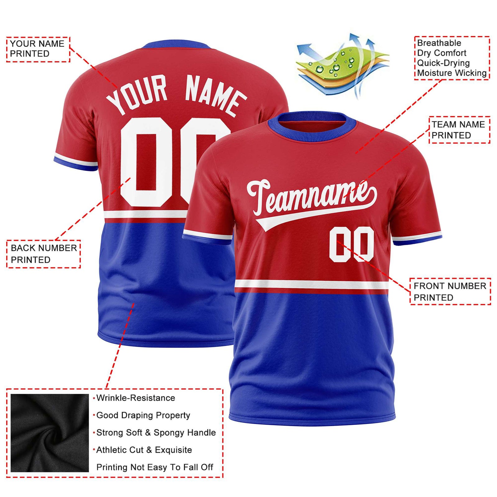 Custom Red White-Royal Blue Crew neck Color Block Design Performance T-Shirt