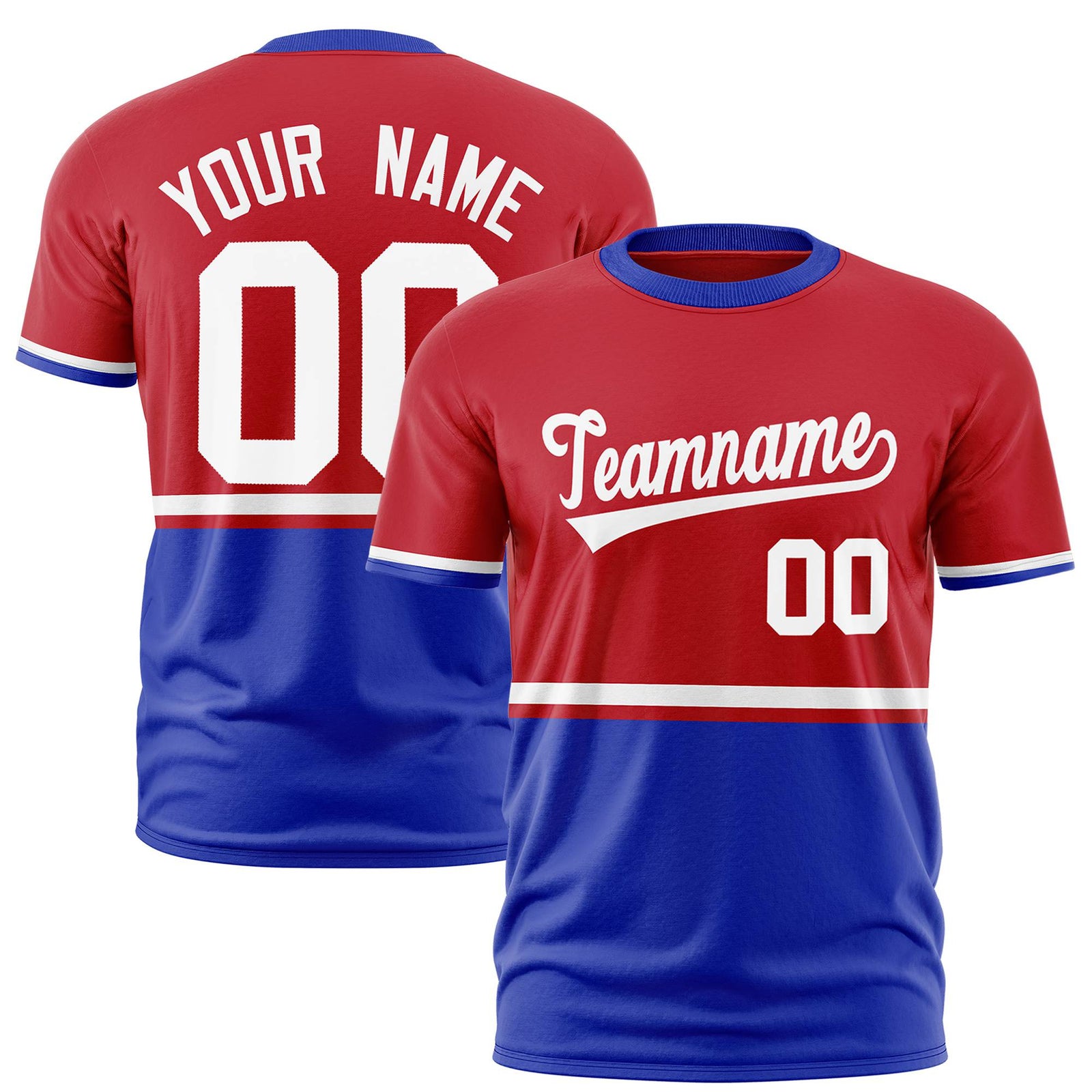 Custom Red White-Royal Blue Crew neck Color Block Design Performance T-Shirt