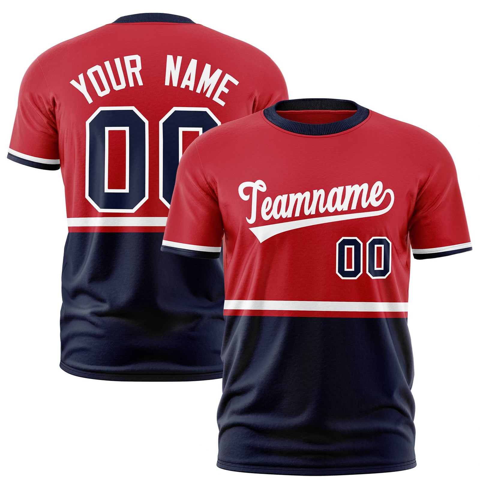 Custom Red White-Navy Crew neck Color Block Design Performance T-Shirt