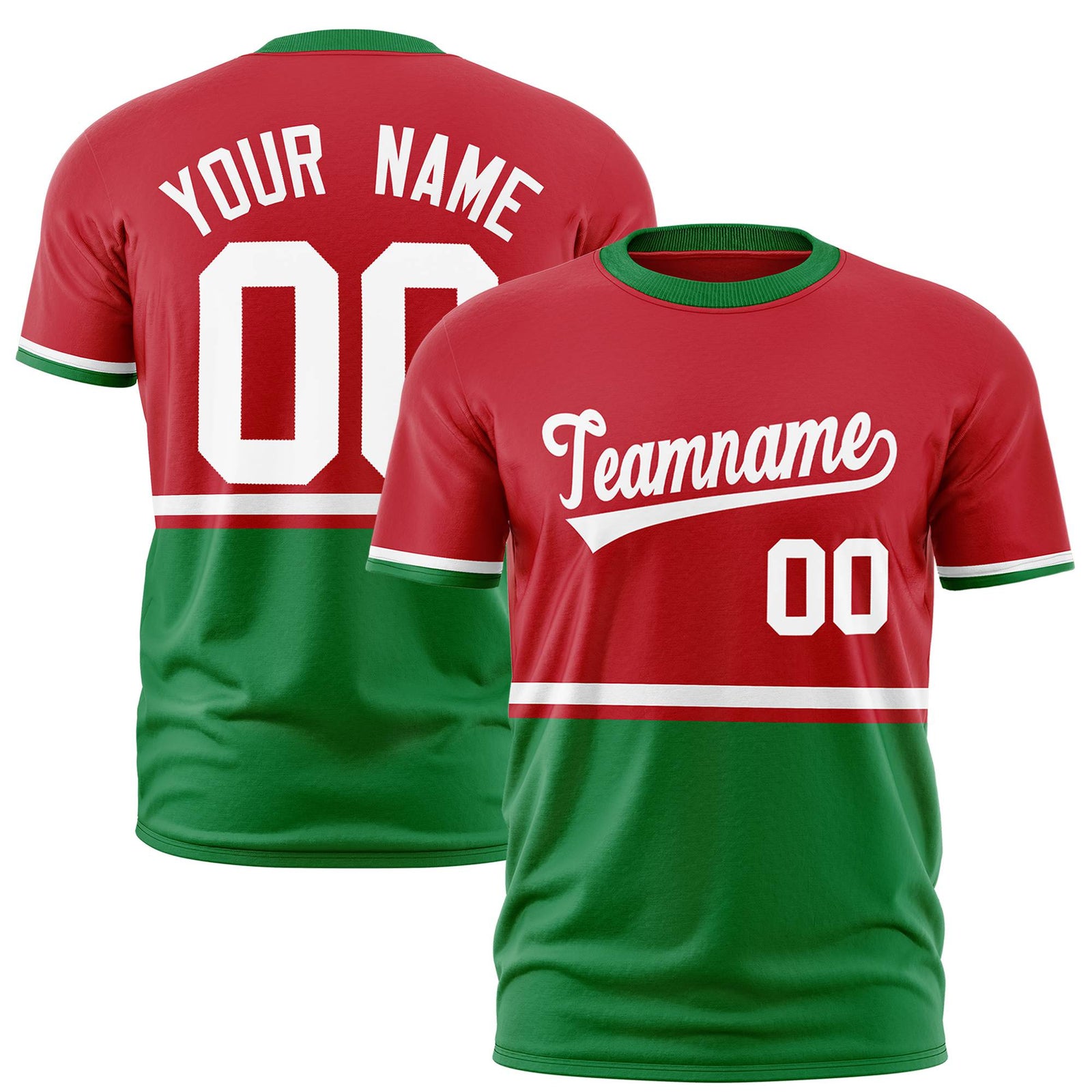 Custom Red White-Kelly Green Crew neck Color Block Design Performance T-Shirt